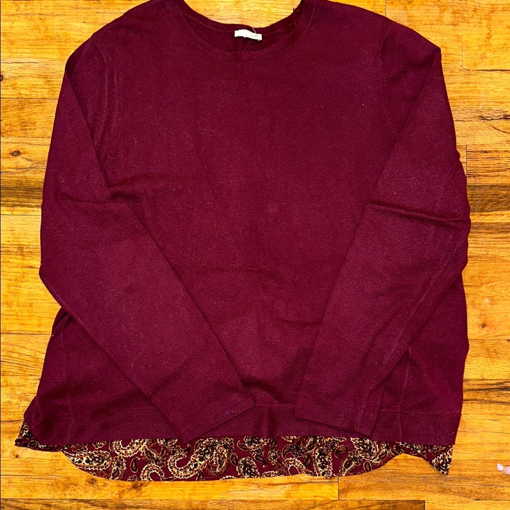 Women's Burgundy Long Sleeve Sweater with layered paisley ruffle -XL
